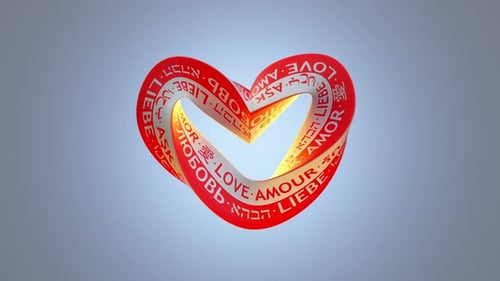 Twisted heart shape with LOVE text in different languages. Looping 3D render animation
