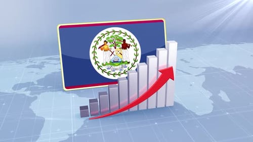 Belize Flag With Increasing Bar Chart Graph And Arrow Red