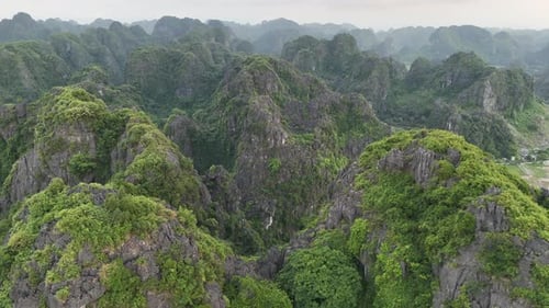 Majestic Karst Mountains and Rice Fields From Above in Ninh Binh Vietnam