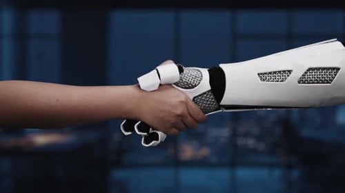 Futuristic Robotic Hands Interacting with Digital Data Displays Showcasing AI Analytics and Business