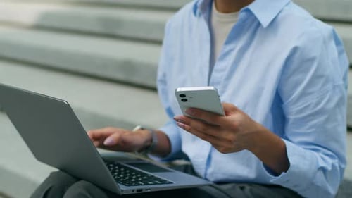 Smiling African American Student Girl Female Business Woman Businesswoman Lady Sitting in City Urban