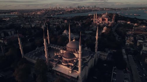 Aerial view of Blur Mosque with the courtyard and domes of the prayer hall, Panoramic view of Istanb