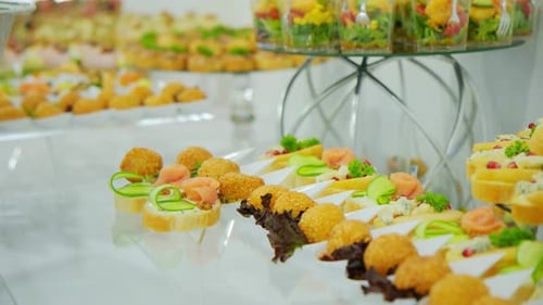 Close Up View of Table Decoration Banquet Table with Appetisers Catering in Restaurant