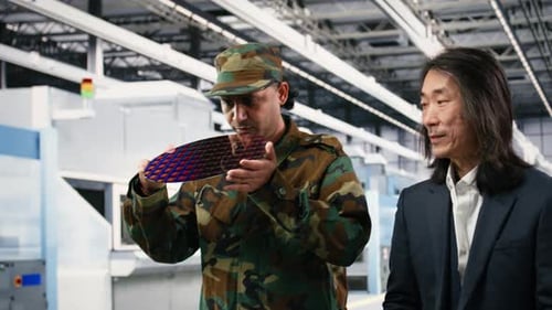 Soldier and Microchip Factory Manager Increase Semiconductor Production
