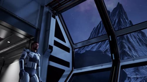 Astronaut Walks In Futuristic Sci Fi Base Hallway On Icy Planet 2