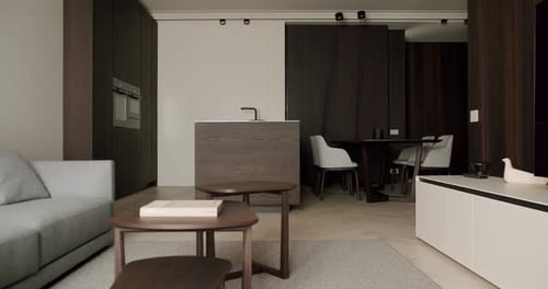 Modern Minimalist Apartment Interior with Open Kitchen and Cozy Living Area