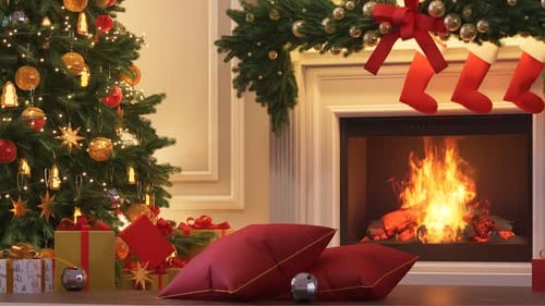 Festive Christmas Tree and Cozy Fireplace with Presents Scene