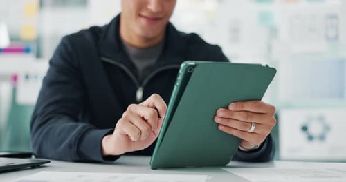 Design, hands and tablet with business man at desk in office for development