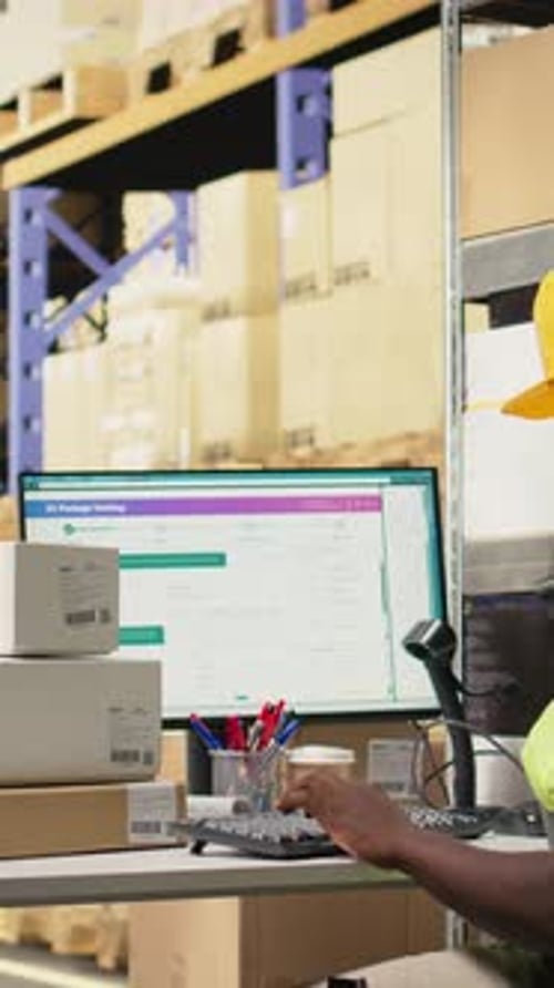 Vertical Video African American Male Employee Scanning Packages in a Large Warehouse