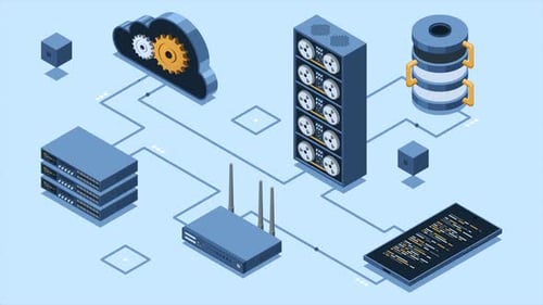 Technologie cloud isométrique avec animation de serveur. Serveur isométrique et technologie de stockage d'hébergement