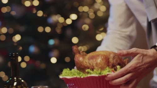 Festive Holiday Table with Roast Turkey and Decorations
