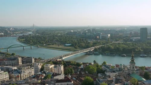 Aerial truck shot over the downtown Belgrade capital of Serbia in the afternoon.