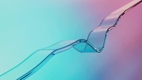 Gebogenes transparentes Glasband mit glatt fließendem Design auf blauem und rosafarbenem Hintergrund mit Farbverlauf