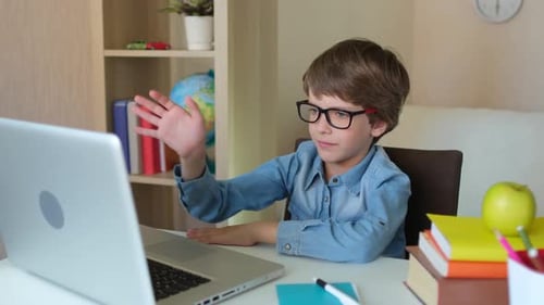 Distance Education Online Lesson Child Boy Schoolboy Using Tablet Laptop Computer for School