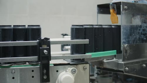 Black aluminum cans moving on conveyor belt in bottling factory