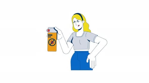 Entschlossene blonde Frau, die Insektizid versprüht 2D-Charakteranimation