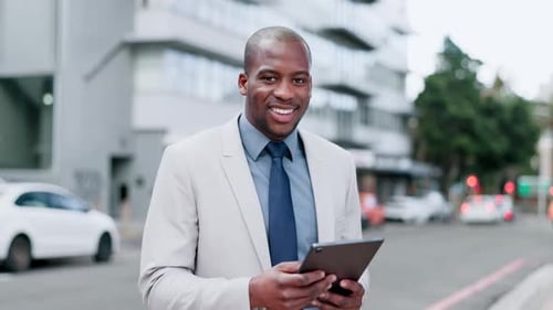 Business, face and black man on tablet in city for planning, reading online news report