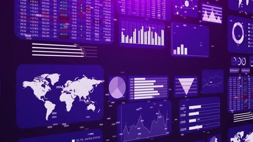 Futuristic Big Data and Stock Market Business 3D Space Showing Pie Charts Numbers and Graphs in Blue
