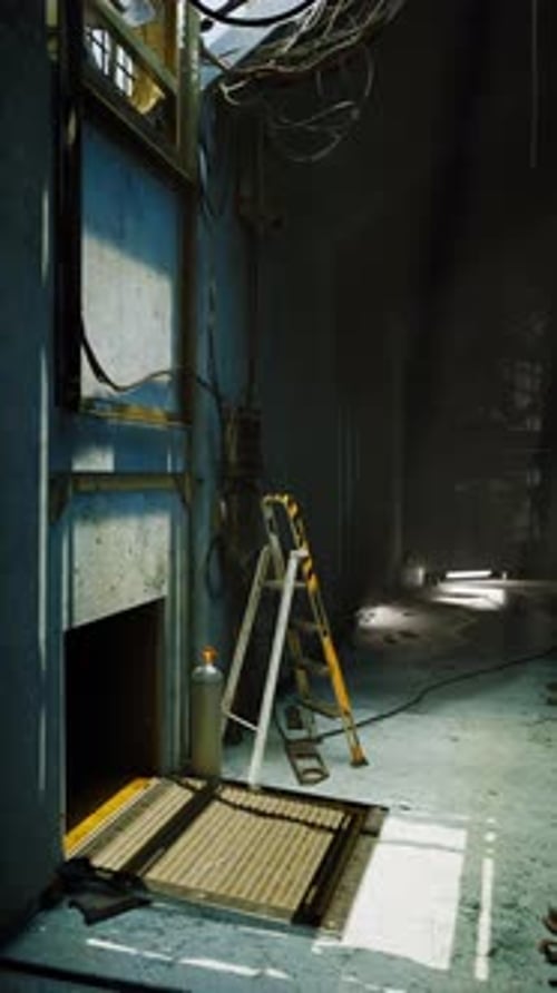 Abandoned Building with a Tall Ladder in a Sunlit Dark Corner