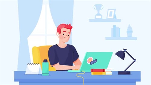 Flat Design Animation of Person Working on Laptop