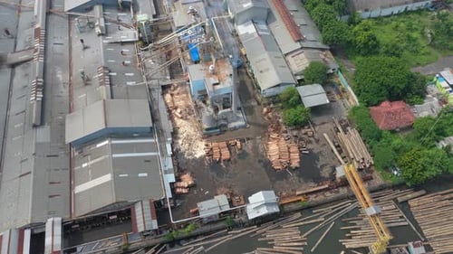 Aerial view of sawmill wood processing factory