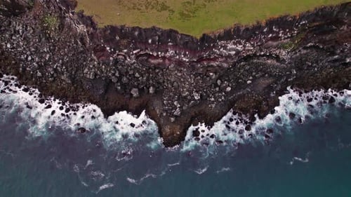 Iceland Drone At Krysuvikurberg Cliffs. Landscape Red Cliffs Striking Blue Ocean Coast Rough Waves