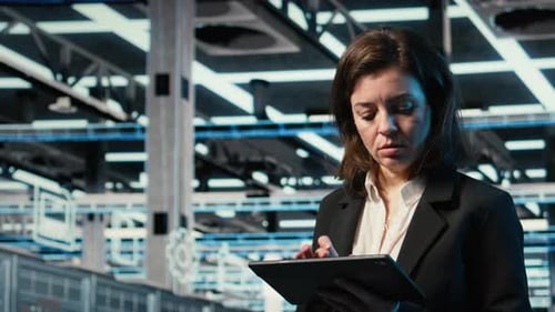 Close Up of Data Center Engineer Optimizing Server Load Balancing Using Tablet