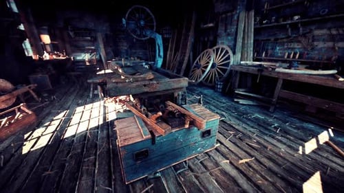 Un vistazo a un antiguo taller de carpintería lleno de herramientas antiguas y madera
