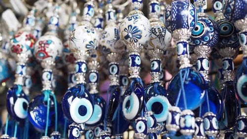 Hanging Evil Eye Bead and Patterned Talismans Close-up