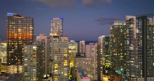Urban Cityscape of Miami Brickell Downtown District in Florida USA Night Skyline with Skyscraper