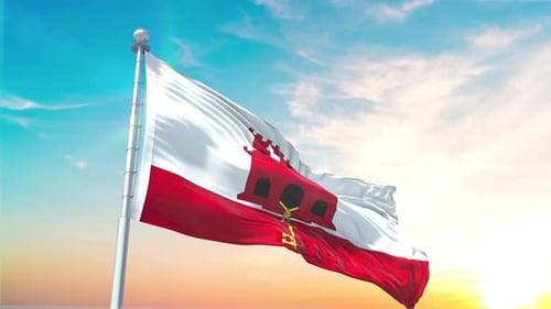 Waving Gibraltar Flag on Pole Under Sunny Sky