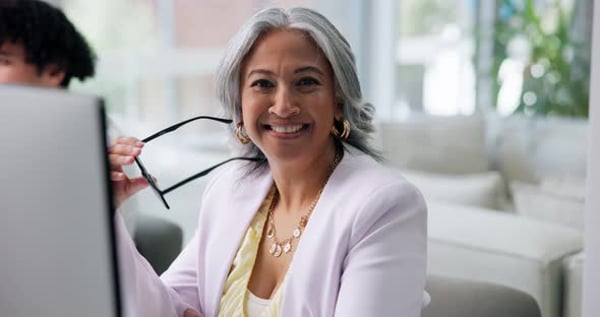 Face, glasses and smile of creative man in coworking office for design ...