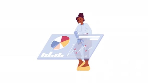 Prosthetic arm woman touching analytics dashboard 2D character animation