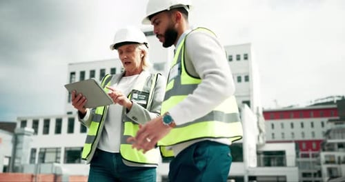 Tablet, Manager und Bauarbeiter vor Ort auf dem Dach zur Planung der Gebäudeinstandhaltung