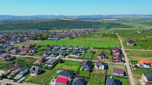 aerial panorama of luxury summer homes and cottages in a popular summer getaway location in Romania