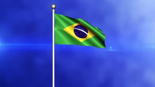 Animated Brazil Flag Waving on Flagpole with Blue Background