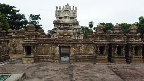 Aerial view of Kailasanathar temple in the Tamil Nadu city of Kanchipuram in South India. Outer view