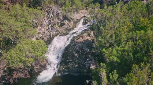 Small River Cascading Forest Hill Drone View Splashing Water Flowing Rocks
