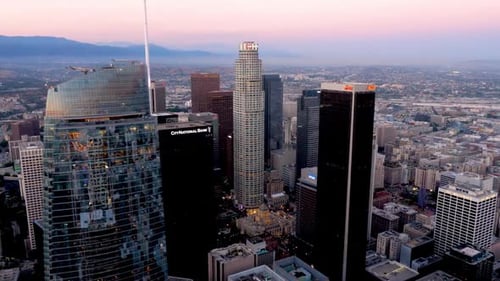 Aerial shot of downtown Los Angeles at twilight.