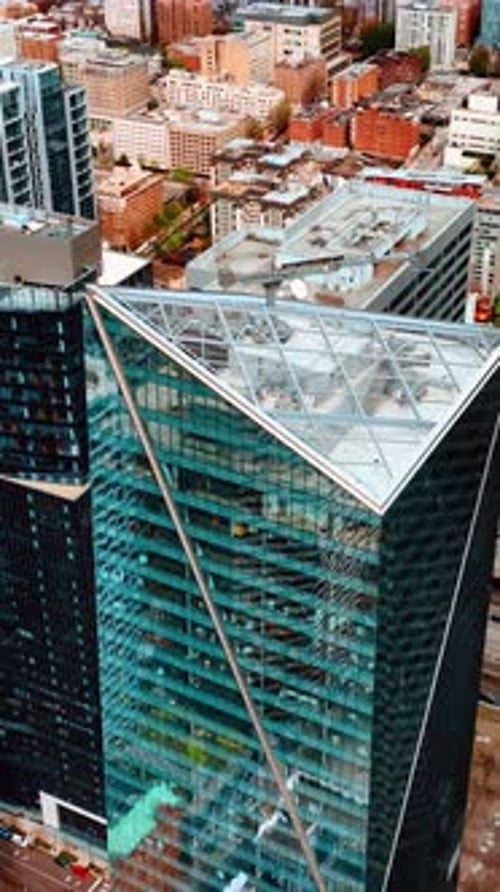 American buildings landmark. Business skyscrapers Seattle city aerial view. Vertical video