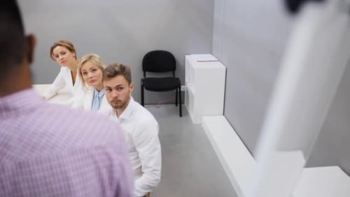 Teamwork, Corporate and People Concept - Business Team with Scheme on Flipboard