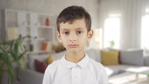 The boy is looking at the camera with a dull look.