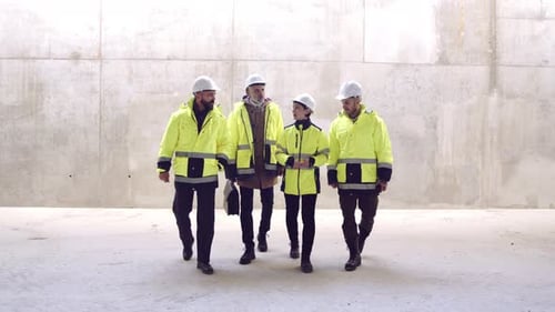 Group of Engineers Walking on Construction Site, Talking