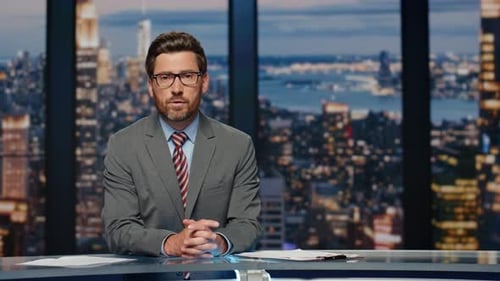 Anchorman Talking Breaking News Sitting Stage Television Studio Man Speaking