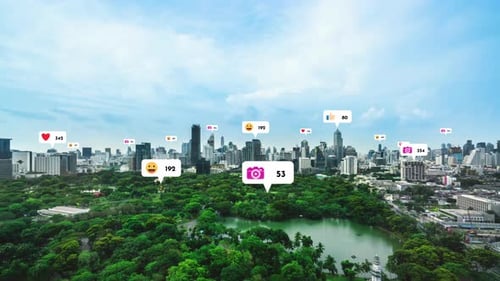 Social Media Icons Fly Over City Downtown Showing People Reciprocity Connection