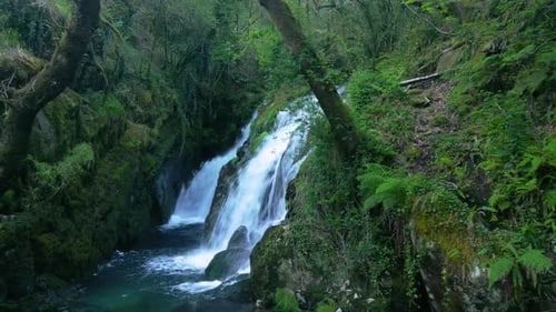 Fresh Scene Of Cascades From A Hidden Waterfalls Of Santa Leocadia In Mazaricos, Galicia Spain. Reve