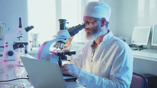 Wissenschaftler analysieren Proben mit dem Mikroskop im Labor