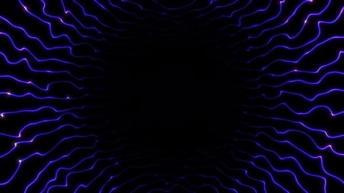 Neon purple energy tunnel with flowing electric wave lines on dark background. Futuristic digital vo