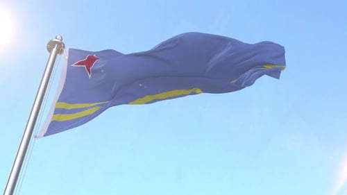 Beautiful Aruba Flag Waving With Bright Blue Sky Background