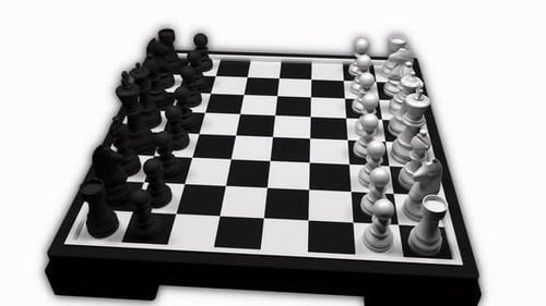 Câmera girando ao redor do tabuleiro de xadrez. Peças de xadrez em preto e branco no tabuleiro de xadrez. O jogo de xadrez